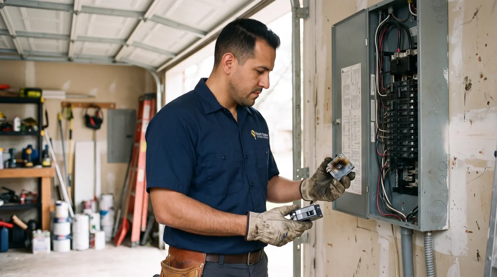 An electrician holds a scorched breaker he removed and the new one that replaces it