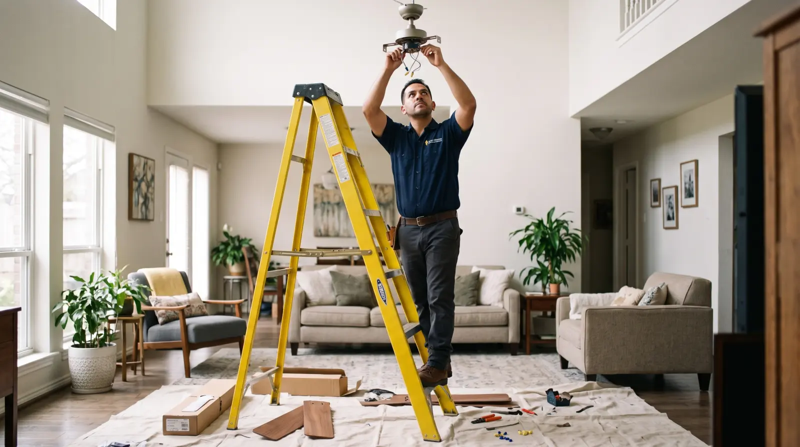An electrician installs a ceiling fan in a living room with a high ceiling