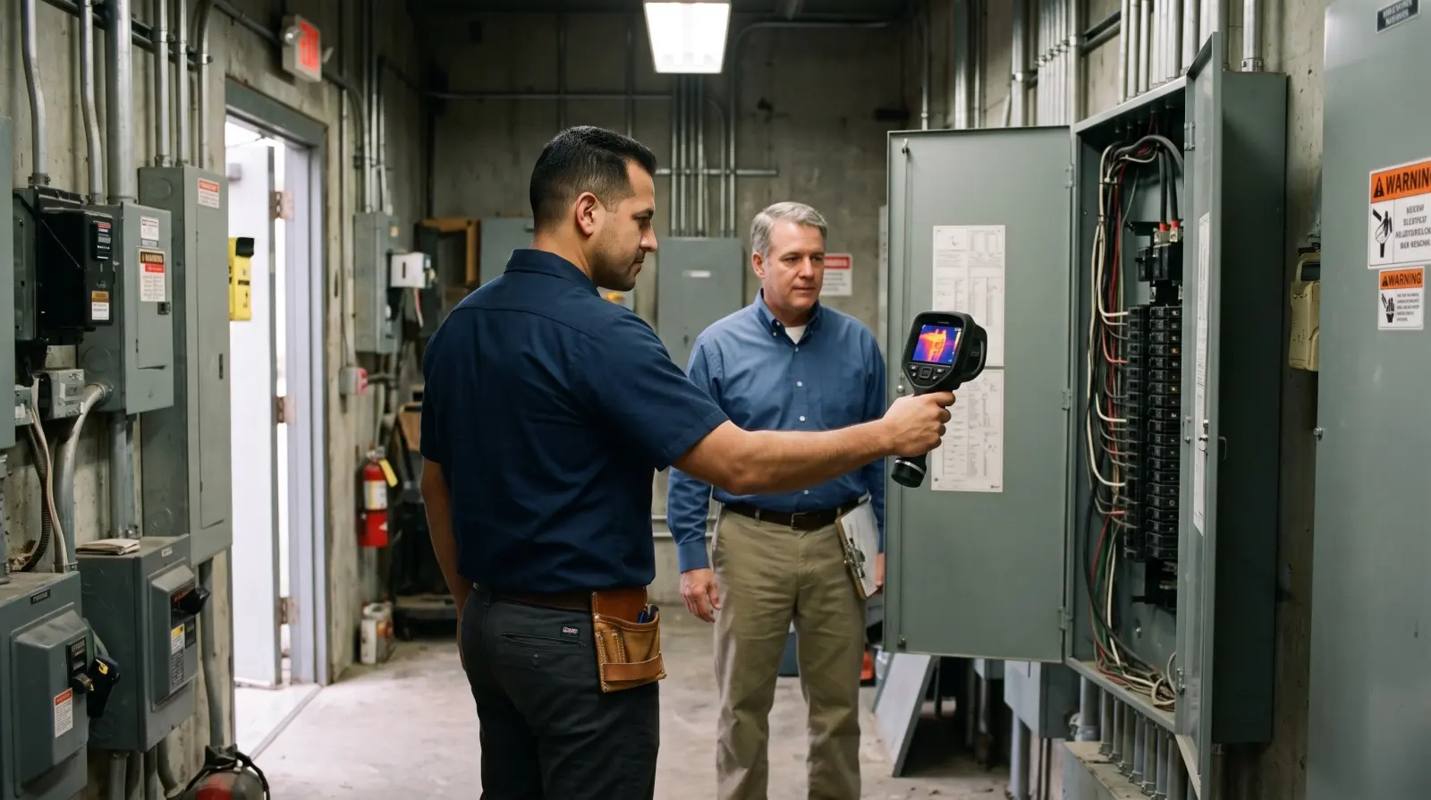 An electrician scans a commercial panel with a thermal camera while the facility manager looks on