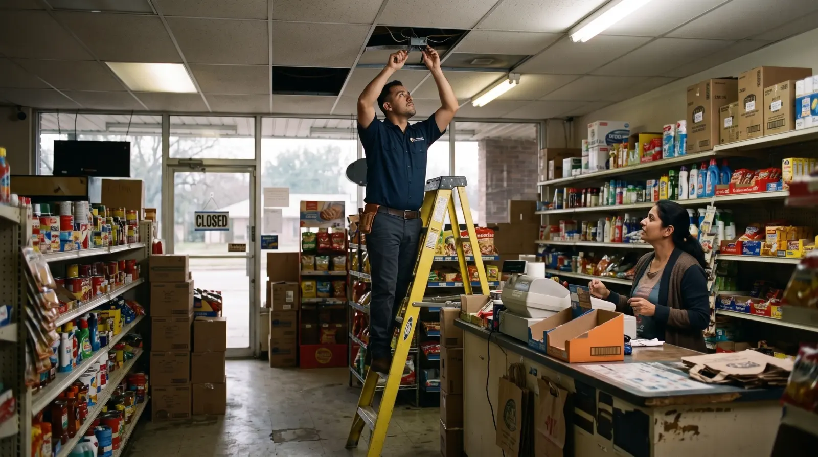 An electrician works on a ceiling junction box in a Houston store before opening while the owner talks with him