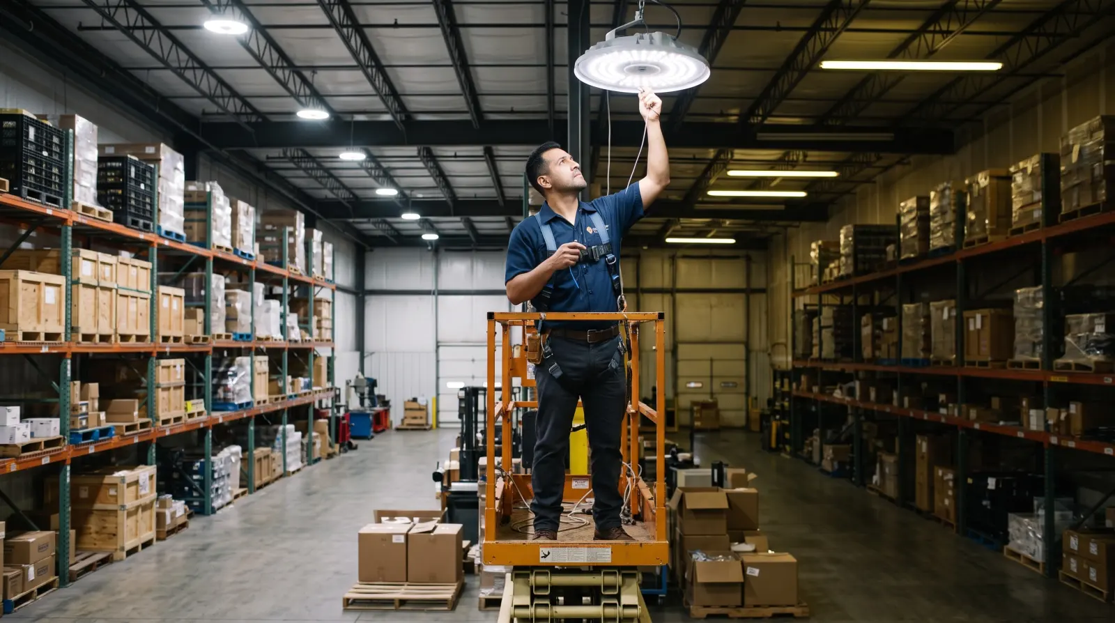 An electrician on a lift installs LED high-bay lights in a Houston warehouse