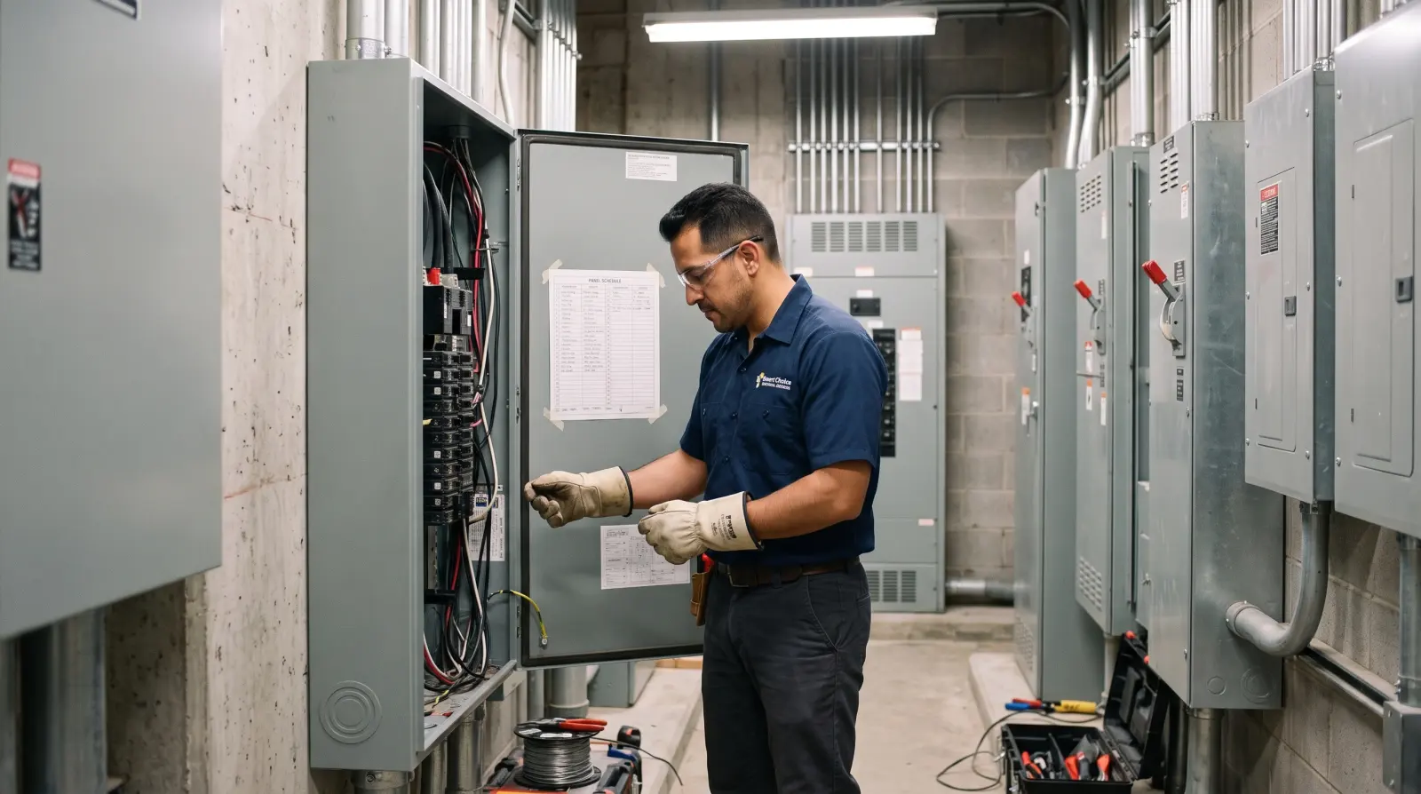 An electrician in safety glasses and insulated gloves works in a commercial three-phase panel