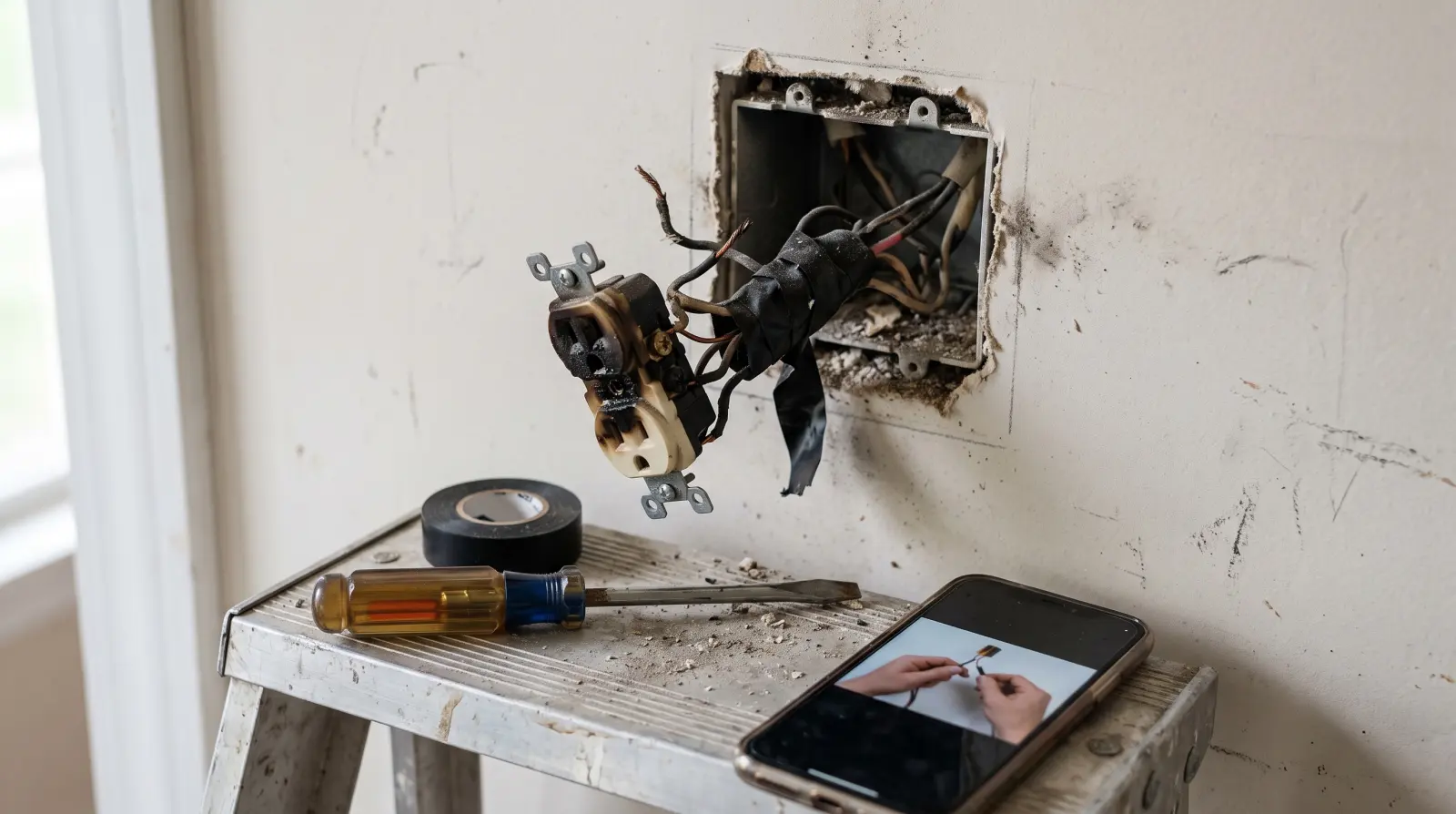 A scorched outlet hanging from the wall after an unfinished DIY repair