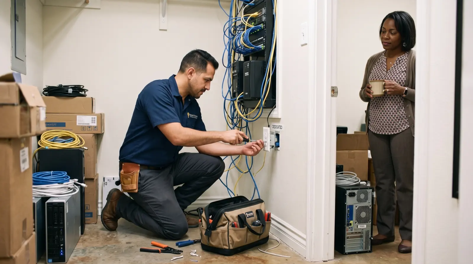 An electrician installs a dedicated outlet beside a network rack in an office IT closet