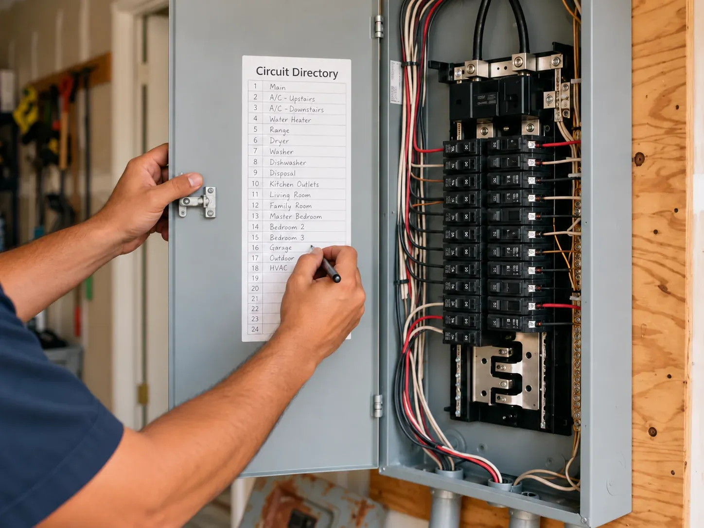 An electrician fills in the circuit directory on the door of an open breaker panel after a panel upgrade