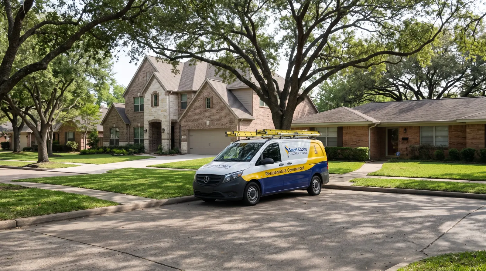 The Smart Choice Electrical van parked on a Bellaire street of new and older homes under live oaks