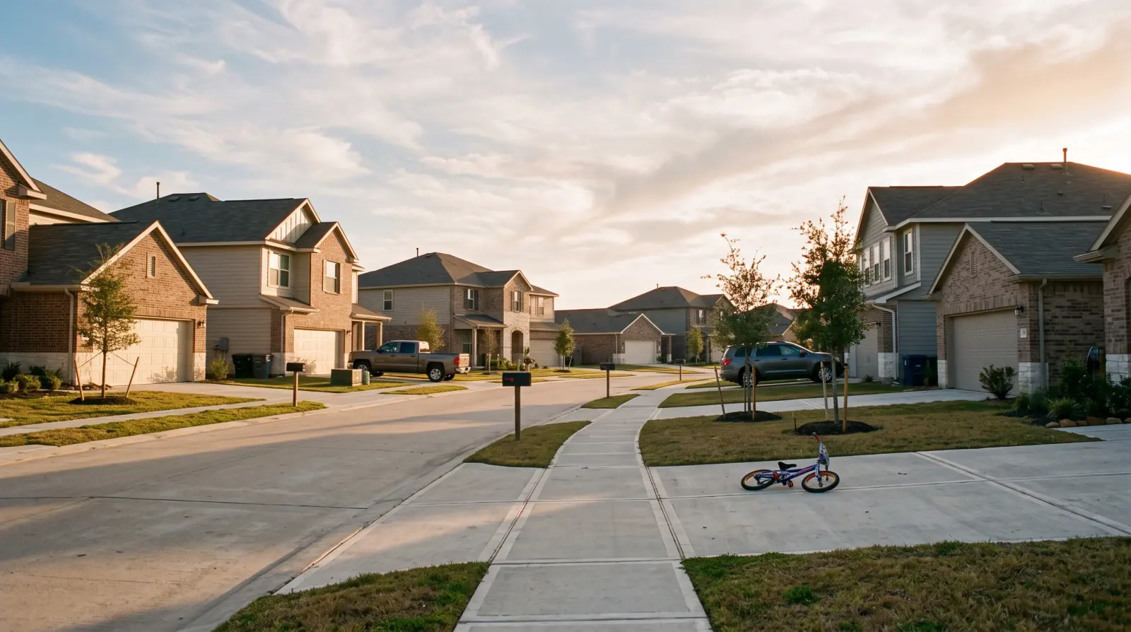 A Cypress subdivision of newer two-story brick homes in late-afternoon light