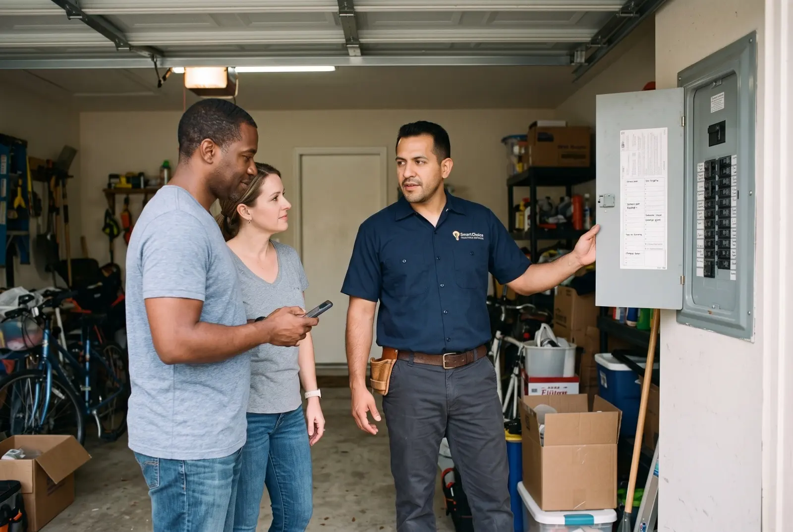 An electrician explains a newly installed breaker panel to two homeowners in their garage