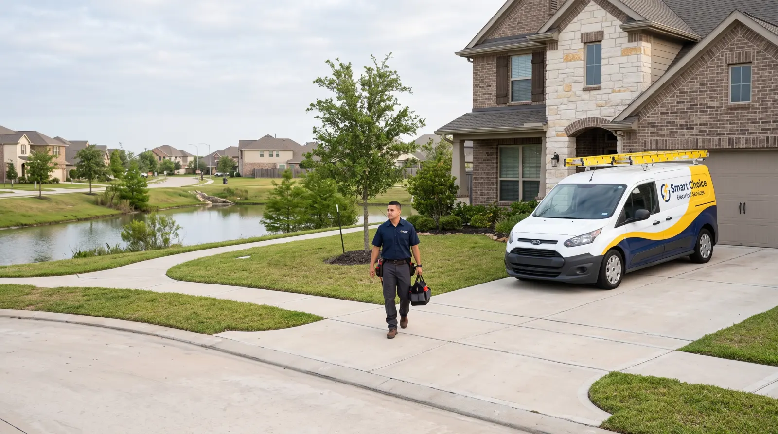 A Smart Choice Electrical electrician walks up the driveway of a stone-front home by a lake in Katy