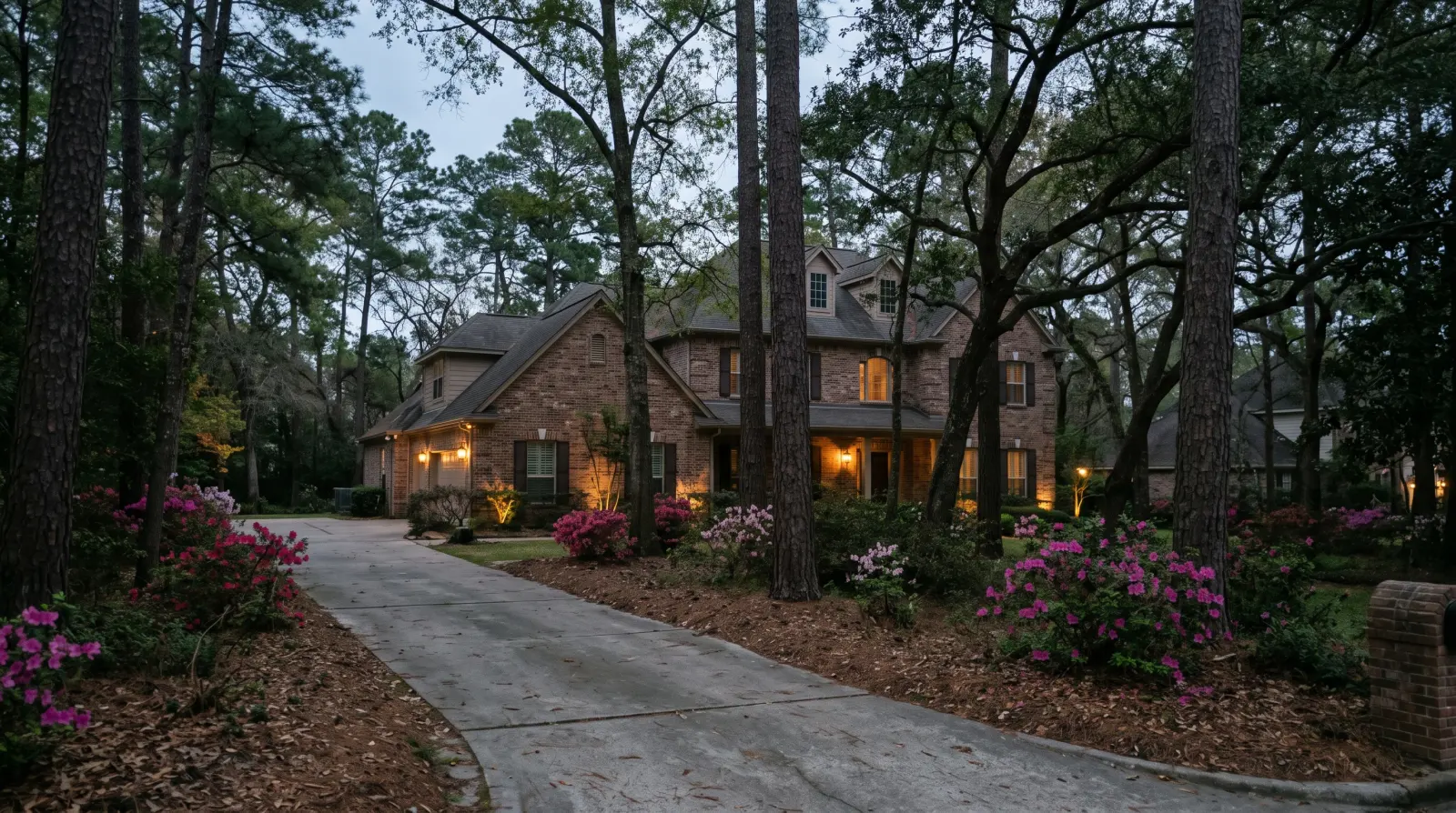 A brick home on a wooded lot in Memorial with landscape lights on at dusk