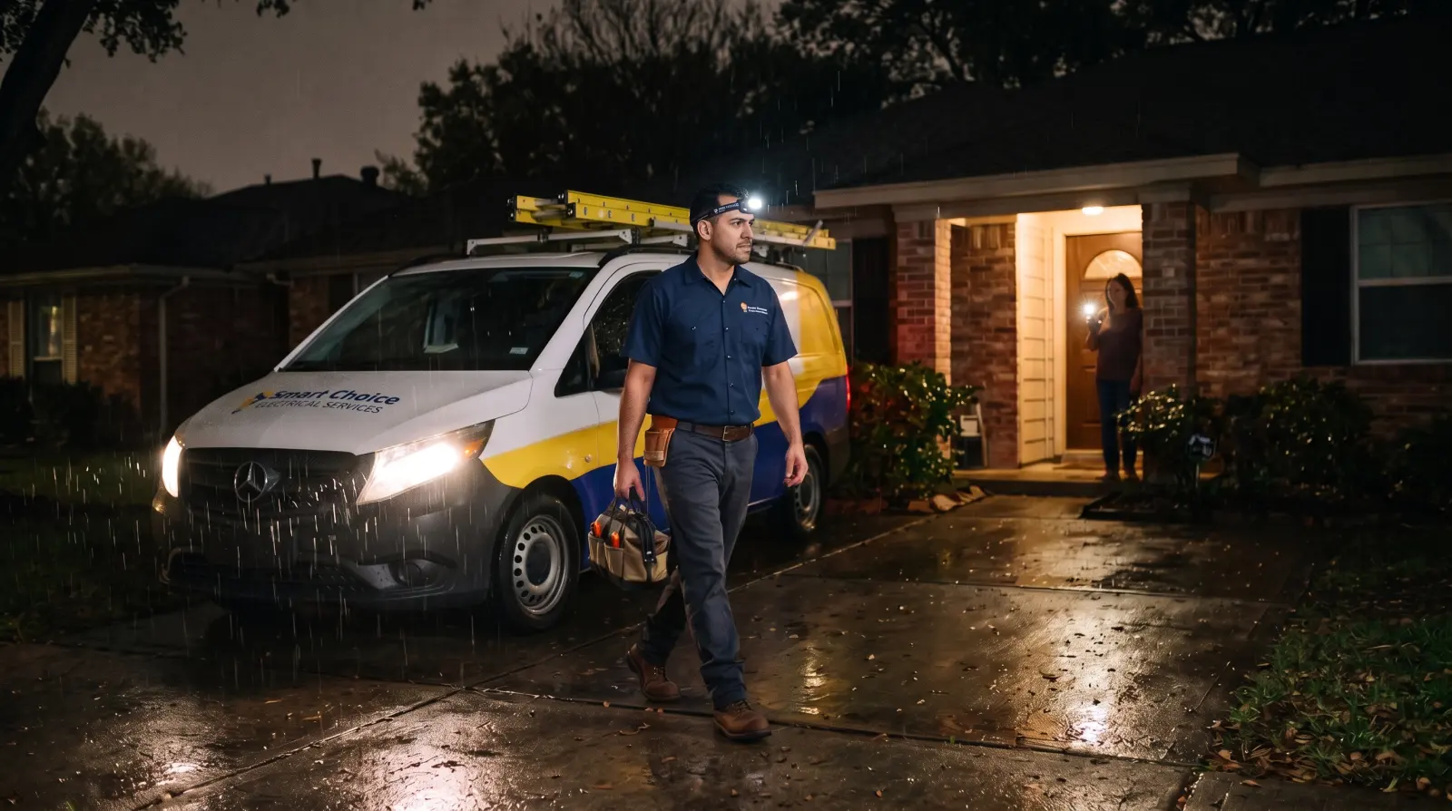 At night in the rain, a Smart Choice Electrical electrician walks to a darkened home where the homeowner waits with a flashlight