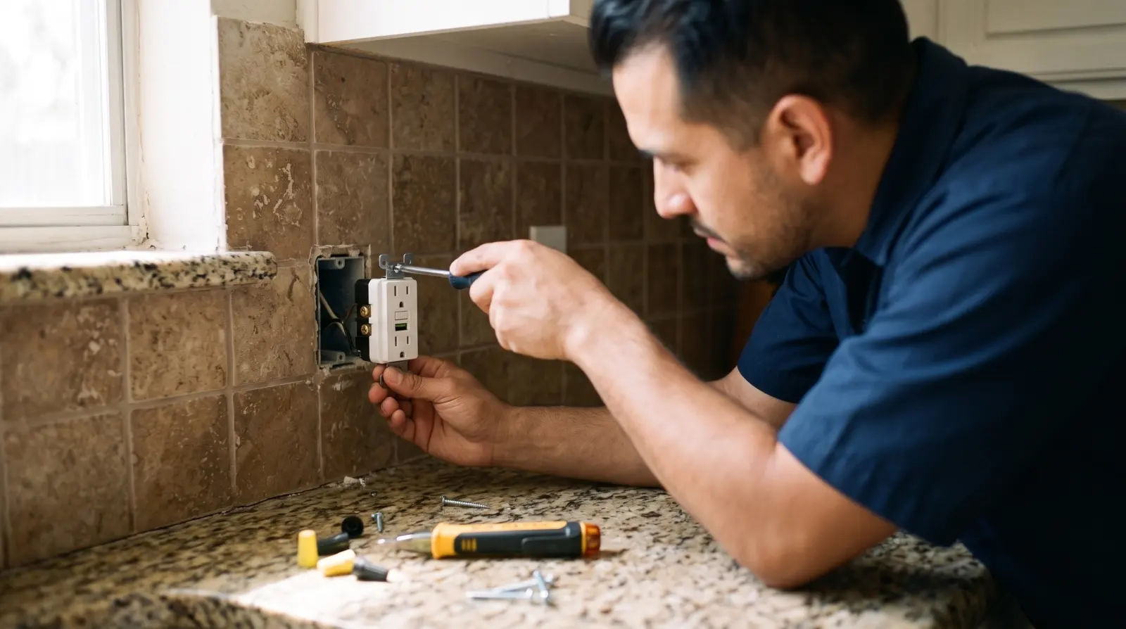 An electrician installs a GFCI outlet with USB ports in a kitchen backsplash