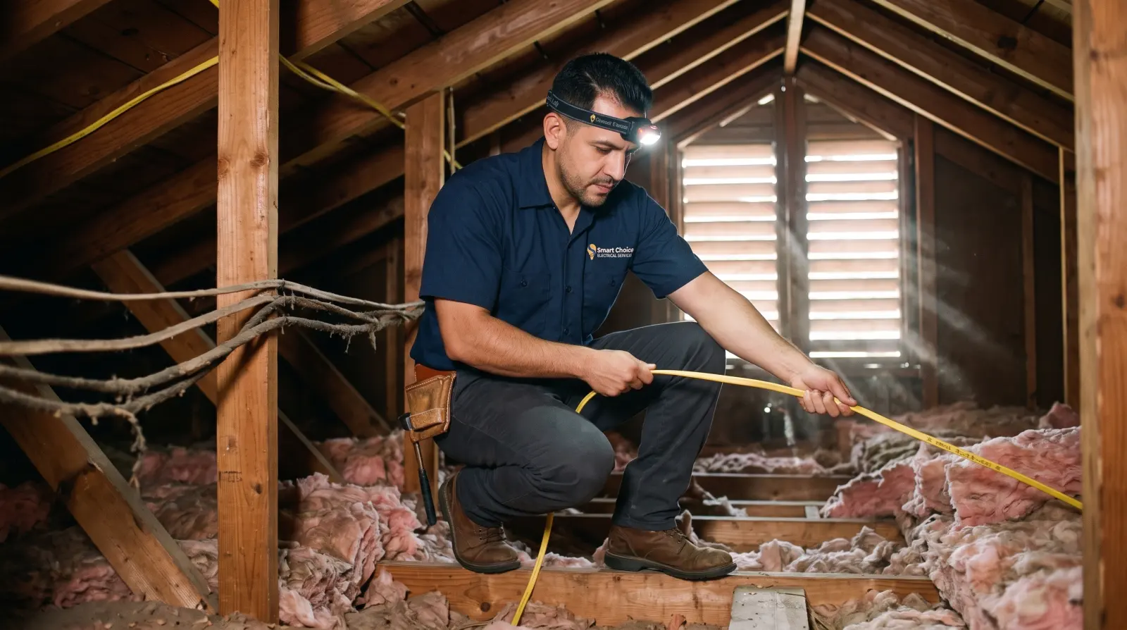 An electrician pulls new copper cable through a Houston attic next to old cloth-covered wiring