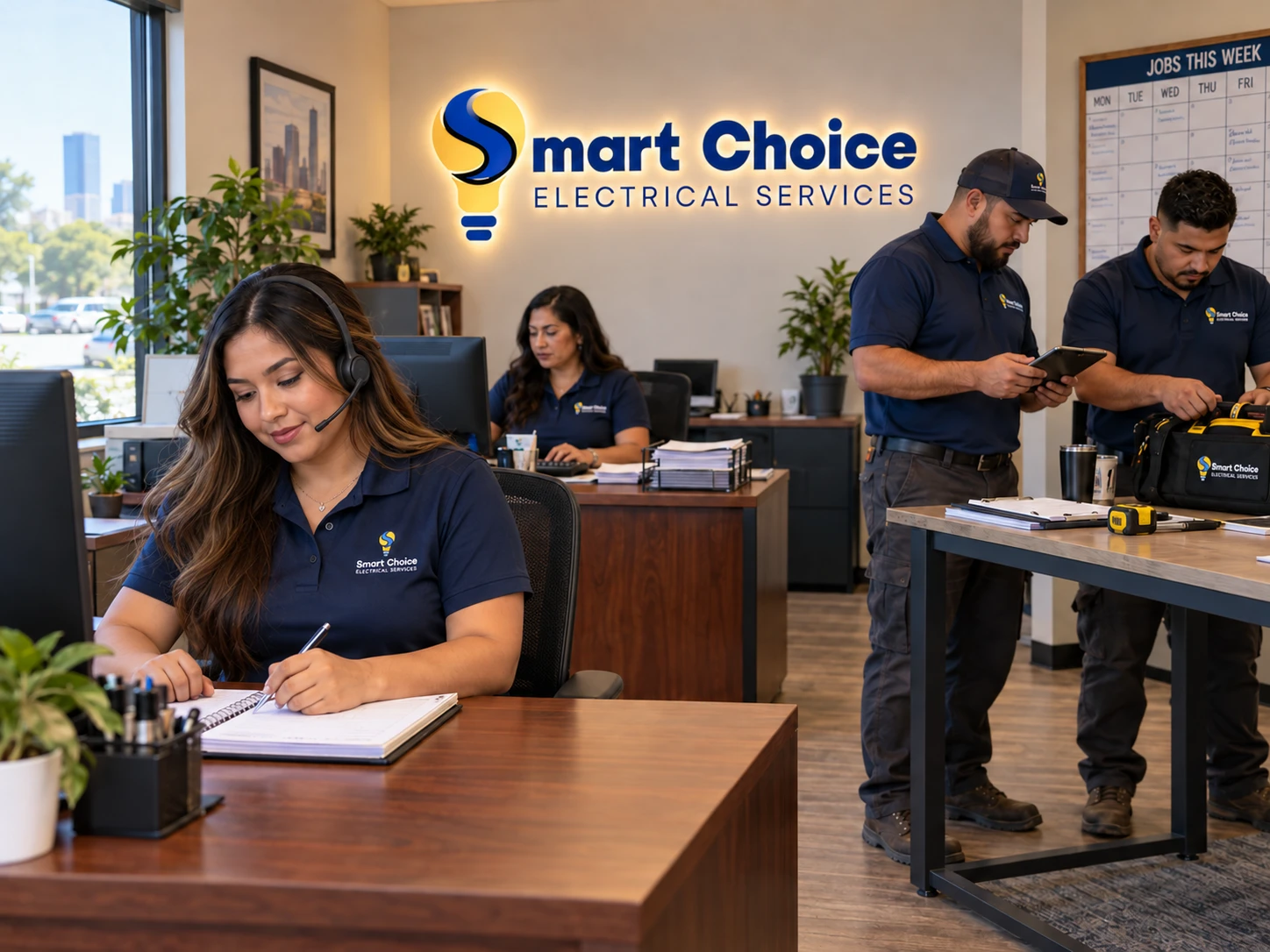 A dispatcher in a Smart Choice Electrical polo takes notes at her desk while a coworker works behind her and two electricians check a tablet and pack a tool bag beside the weekly jobs board
