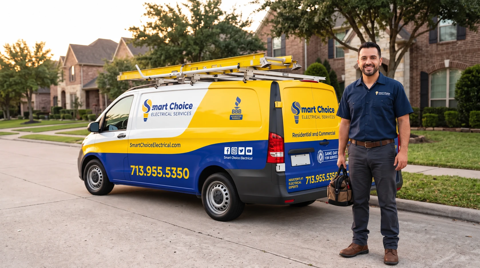 A smiling Smart Choice Electrical electrician in the company work shirt stands beside the company van on a Houston street