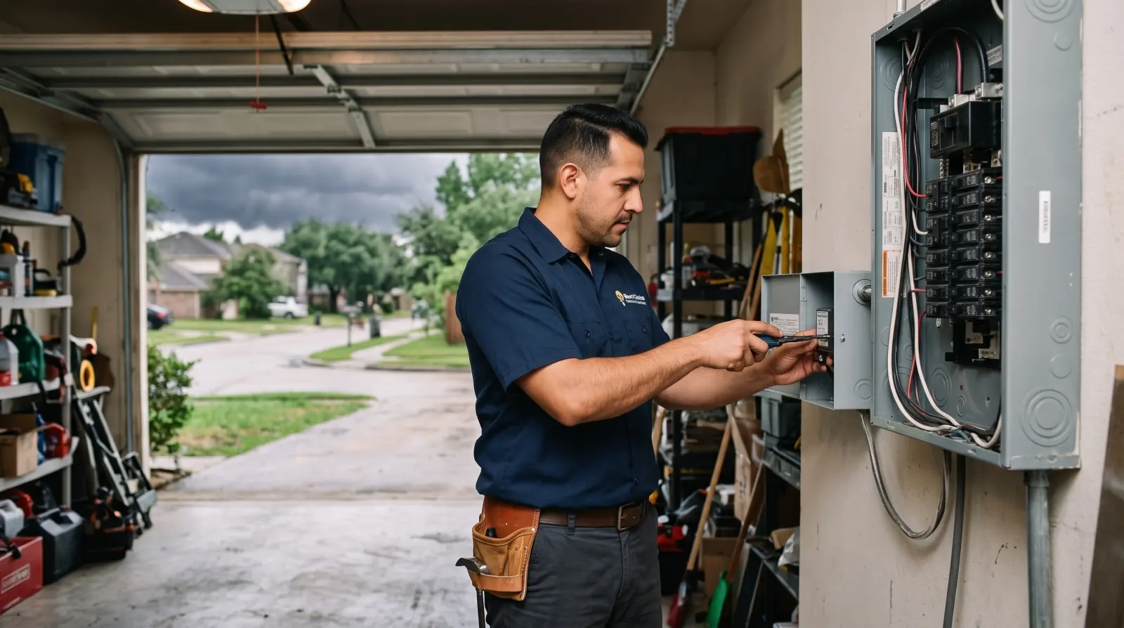 An electrician wires a whole-home surge protector beside the main panel as storm clouds gather outside